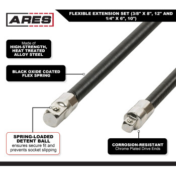 Ares 42073 4Piece Flexible Socket Extension Set 14Inch And 38Inch Drive Extensions 6Inch To 12Inch Extensions With