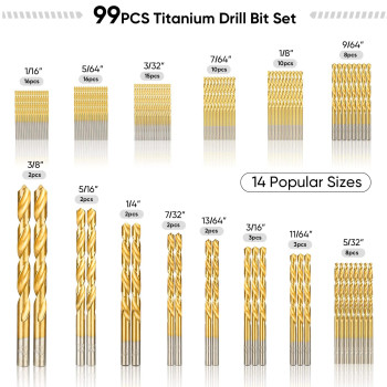 Ticonn 99Pcs Titanium Coated Drill Bit Set 135 Degree Tip Hss Bits Kit With Storage Case For Aluminum Copper Soft Alloy Steel