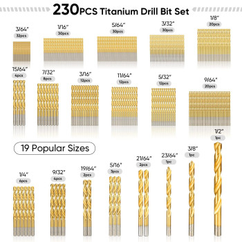 Ticonn 230Pcs Titanium Coated Drill Bit Set 135 Degree Tip Hss Drill Bits Kit With Storage Case For Steel Aluminum Copper So