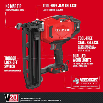 Craftsman V20 Cordless Finish Nailer 16 Gauge Bare Tool Only Cmcn616B