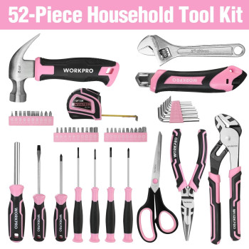 Workpro 52Piece Pink Tools Set Household Tool Kit With Storage Toolbox Basic Tool Set For Home Garage Apartment Dorm New