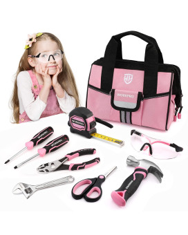 Workpro 9Piece Kids Real Hand Tool Set Pink Junior Tool Kit With Storage Bag For Boys Girls Children Diy Building And Woodwo