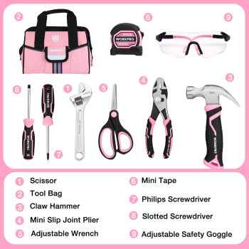 Workpro 9Piece Kids Real Hand Tool Set Pink Junior Tool Kit With Storage Bag For Boys Girls Children Diy Building And Woodwo