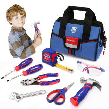 Workpro 9Piece Kids Real Hand Tool Set Blue Junior Tool Kit With Storage Bag For Boys Girls Children Diy Building And Woodwo