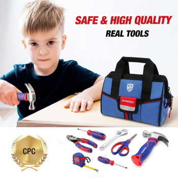 Workpro 9Piece Kids Real Hand Tool Set Blue Junior Tool Kit With Storage Bag For Boys Girls Children Diy Building And Woodwo