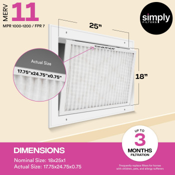 Simply Filters 18X25X1 Merv 11 Mpr 1000 Air Filter 6 Pack Actual Size 1775X2475X075 Hvac Ac Furnace Air Pleate