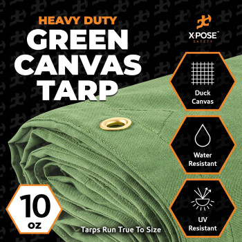 Xpose Safety Canvas Tarp 10Oz Green Canvas Tarps Heavy Duty Water Resistant With Brass Grommets Multipurpose Outdoor Tarpauli