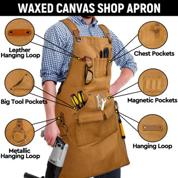 Uup Woodworking Apron For Men Shop Apron 20 Oz Waxed Canvas Work Apron With 9 Tool Pockets Heavy Duty Tool Apron For Carpenters