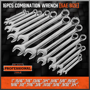 Horusdy 32Piece Combination Wrench Set Sae And Metric 141 7Mm22Mm 12 Point Chrome Vanadium Steel Construction With