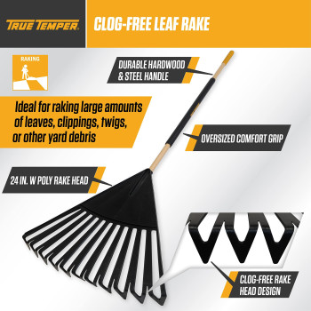 True Temper 20212010 Clog Free Leaf Rake With Hardwoodsteel Handle 24 In For Leaves Grass Clippings Twigs Pine Needles A