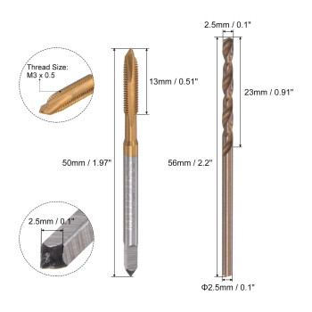 Uxcell M3 X 05 Spiral Point Thread Tap And 25Mm Drill Bit Set Metric Titanium Plated Cobalt High Speed Steel Machine Screw Th