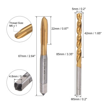 Uxcell M6 X 1 Spiral Point Thread Tap And 50Mm Twist Drill Bit Set Metric Titanium Plated 6542 High Speed Steel Machine Screw