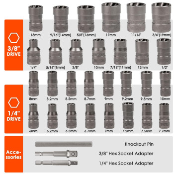 Thinkwork Upgrade Bolt Extractor Set 32 Pieces Impact Bolt Nut Remover Set Stripped Lug Nut Remover Extraction Socket Set F