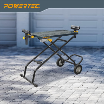 Powertec Miter Saw Stand 440Lbs Load Capacity With Adjustable Height And Roller Mounting Bars Super Grip 8Inch Rubber Wheels