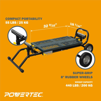 Powertec Miter Saw Stand 440Lbs Load Capacity With Adjustable Height And Roller Mounting Bars Super Grip 8Inch Rubber Wheels