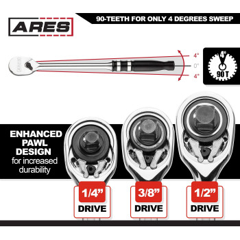 Ares 4208390Tooth Ratchet Set Ergonomic Aluminum Handles Reversible Sealed Head Design