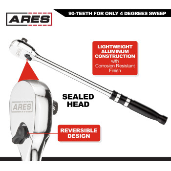 Ares 4208390Tooth Ratchet Set Ergonomic Aluminum Handles Reversible Sealed Head Design