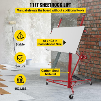 Vevor Drywall Rolling Lifter Panel 11Ft Sheetrock Lift Drywall Lift 150Lb Weight Capacity Panel Hoist Jack Tool Steel Materia