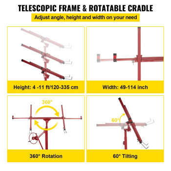 Vevor Drywall Rolling Lifter Panel 11Ft Sheetrock Lift Drywall Lift 150Lb Weight Capacity Panel Hoist Jack Tool Steel Materia