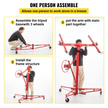 Vevor Drywall Rolling Lifter Panel 11Ft Sheetrock Lift Drywall Lift 150Lb Weight Capacity Panel Hoist Jack Tool Steel Materia