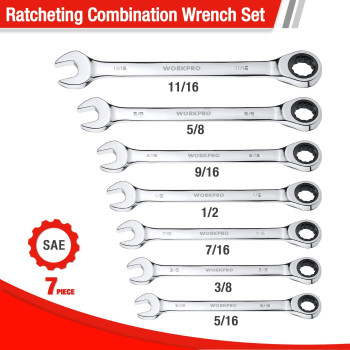 Workpro 7Piece Ratcheting Combination Wrench Set 72 Teeth Crv Constructed Combo Ratchet Wrenches Set With Roll Up Pouch Sa