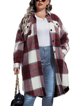 Involand Womens Plus Size Flannel Plaid Shirts Lounge Fall Boyfriend Button Down Red Color Block Tartan Jacket Coat 22W