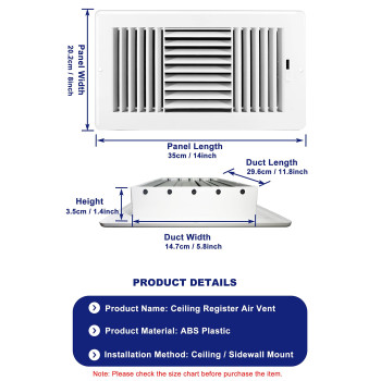 12W X 6H Ceiling Register Louanxpert 3Way Abs Plastic Air Vent Cover Sidewall Grille Register Cover Wmanual Adjuster For