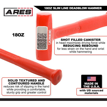 Ares 23050 18Oz Slim Line Deadblow Hammer Heavy Head Delivers Powerful Striking Force Slim Profile Head Design For Greater