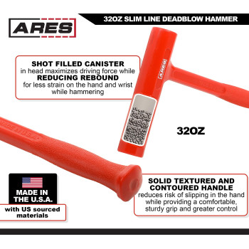 Ares 23052 32Oz Slim Line Deadblow Hammer Heavy Head Delivers Powerful Striking Force Slim Profile Head Design For Greater