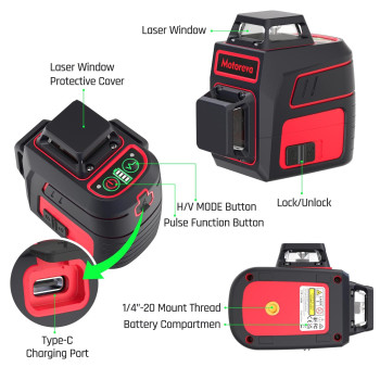 Motovera Self Leveling Laser Level 3X360 3D Cross Line Rotary Lasers Green Beam Pulse Mode Battery Indicator Usb Typec Chargi