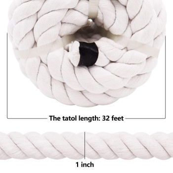 White Cotton Rope 1 Inch X 32 Feet Natural Thick Rope For Landscaping Railing Climbing Decorating Tug Of War