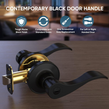 Ticonn Traditional Wave Style Reversible Door Lever Door Handle For Interior Doors And Closet Matte Black Privacy 5Pack