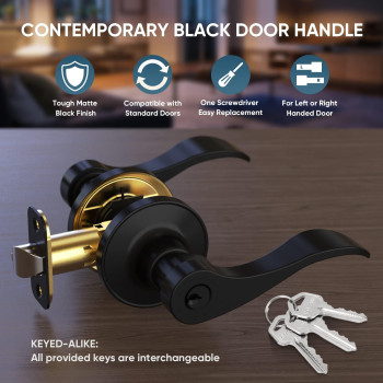 Ticonn Traditional Wave Style Reversible Door Lever Door Handle For Interior Doors And Closet Matte Black Keyed Entry Keyed