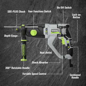 Workpro Premium 114 Inch Sdsplus Rotary Hammer Drill 75Amp Lightweight Corded Version For Concrete Demolition Chipping Rot