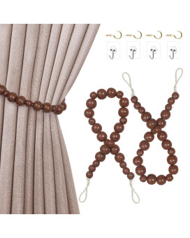 Hion 2 Pcs Boho Curtain Tiebacks Wood Beads Curtain Holdbacks Outdoor Farmhouse Tie Backs For Curtains Curtain Holders For Drape