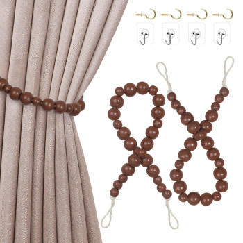 Hion 2 Pcs Boho Curtain Tiebacks Wood Beads Curtain Holdbacks Outdoor Farmhouse Tie Backs For Curtains Curtain Holders For Drape