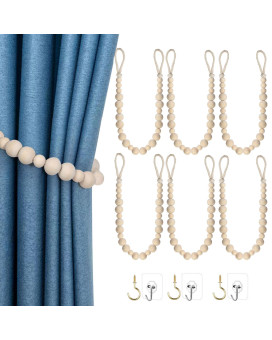 Hion 6 Pcs Boho Curtain Tiebacks Wood Beads Curtain Holdbacks Outdoor Farmhouse Tie Backs For Curtains Curtain Holders For Drape