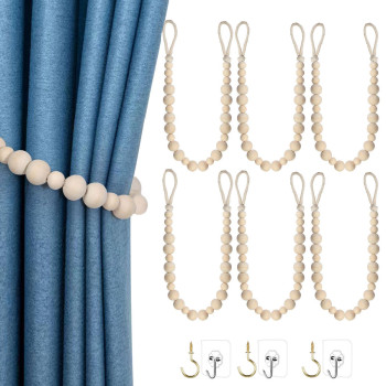 Hion 6 Pcs Boho Curtain Tiebacks Wood Beads Curtain Holdbacks Outdoor Farmhouse Tie Backs For Curtains Curtain Holders For Drape