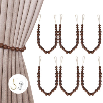 Hion 6 Pcs Boho Curtain Tiebacks Wood Beads Curtain Holdbacks Outdoor Farmhouse Tie Backs For Curtains Curtain Holders For Drape