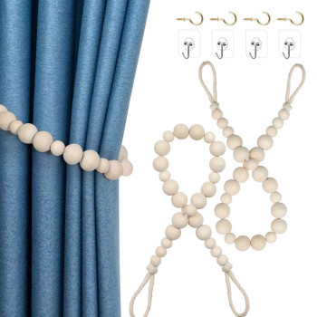 Hion 2 Pcs Boho Curtain Tiebacks Wood Beads Curtain Holdbacks Outdoor Farmhouse Tie Backs For Curtains Curtain Holders For Drape