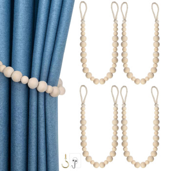 Hion 4 Pcs Boho Curtain Tiebacks Wood Beads Curtain Holdbacks Outdoor Farmhouse Tie Backs For Curtains Curtain Holders For Drape