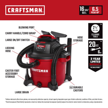 Craftsman Cmxevbe18595 16 Gallon 65 Peak Hp Wet Dry Vac Heavyduty Shop Vacuum Wet And Dry With Filter 4 Dust Bags Hose And