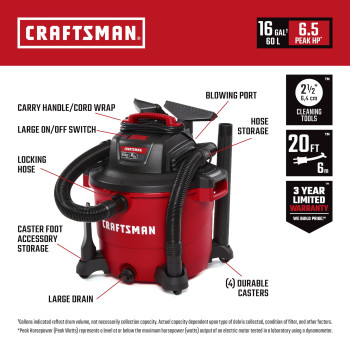 Craftsman Cmxevbe18695 16 Gallon 65 Peak Hp Wet Dry Vac Heavyduty Shop Vacuum Wet And Dry With Filter Mufflerdiffuser Dust