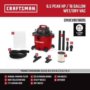 Craftsman Cmxevbe18695 16 Gallon 65 Peak Hp Wet Dry Vac Heavyduty Shop Vacuum Wet And Dry With Filter Mufflerdiffuser Dust