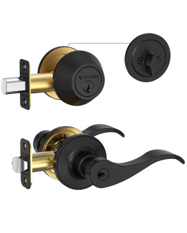 Ticonn Black Door Handle Traditional Wave Style Matte Black Reversible Door Lever For Interior Doors And Closet Deadbolt With