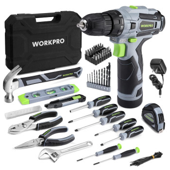 Workpro Home Tool Kit With Power Drill 108Pcs Power Home Tool Set With 12V 15 Ah Battery Powered Screwdriver And Tool Box Ele