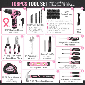 Workpro Pink Tool Set With Power Drill 108Pcs Portable Ladies Pink Drill Kit For Home With Toolbox And Pink Hammer 15 Ah Cord