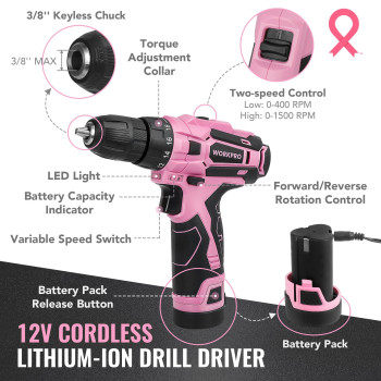 Workpro Pink Tool Set With Power Drill 108Pcs Portable Ladies Pink Drill Kit For Home With Toolbox And Pink Hammer 15 Ah Cord