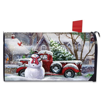 Briarwood Lane Snowfall Snowman Winter Magnetic Mailbox Cover Red Pickup Truck Standard