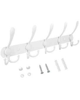 Ticonn Wall Mounted Coat Rack Five Heavy Duty Tri Hooks All Metal Construction For Jacket Coat Hat In Mudroom Entryway White